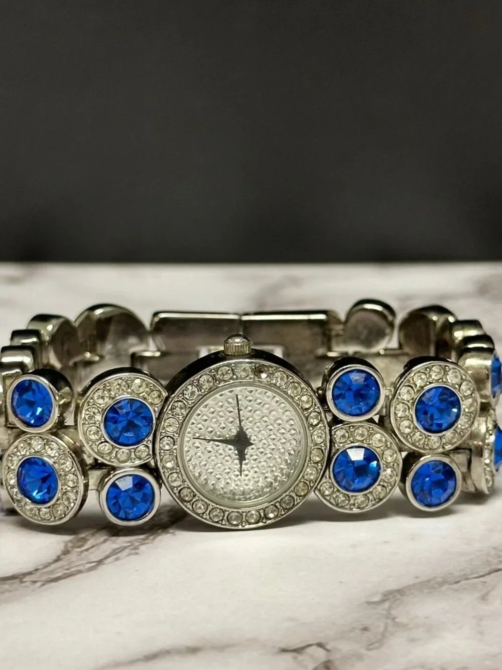 Suzanne Somers Watch Women Silver Tone Blue Rhinestone Bling Band New Battery